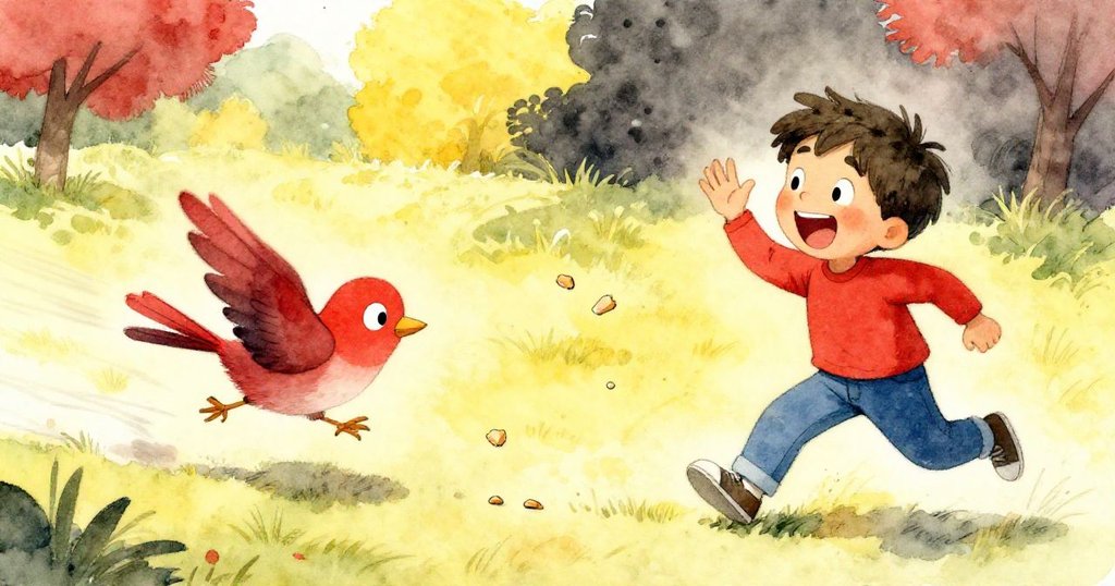 Milo 笑著揮手，追逐著快速跳躍取食麵包屑的小鳥，動感十足的場景在陽光下充滿歡樂與活力。