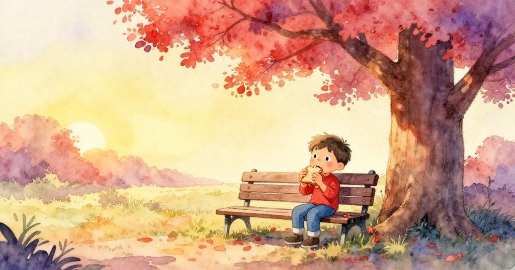 黃昏時，Milo 坐在大樹下安靜享用三明治，乾淨的長椅和藏在樹枝間的小鳥營造出溫暖平和的結局。