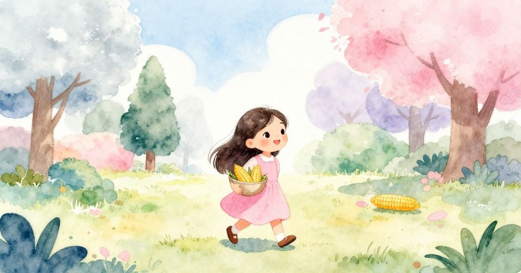 Mia提著裝滿玉米的小碗，輕步走向明亮庭院，微笑著面對新冒險，背景有陽光、綠樹和柔和色調。