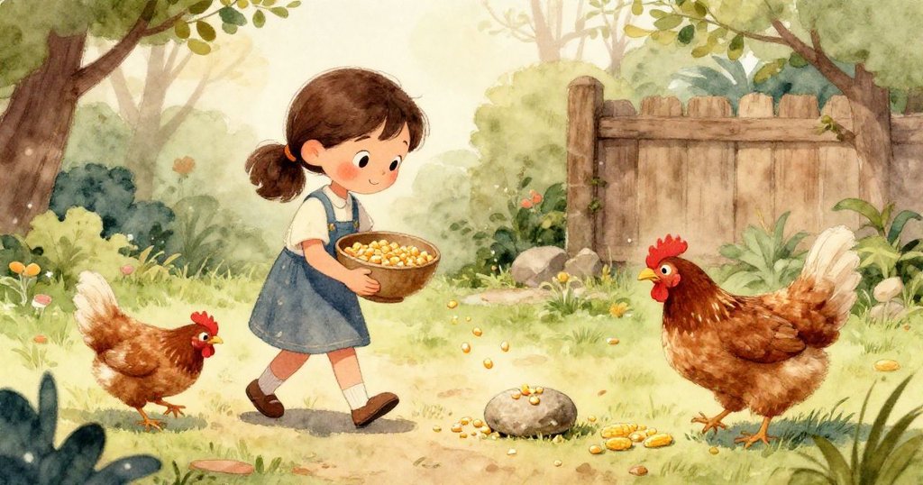 Mia舉著的小碗特寫展示細膩玉米與光澤質感，畫面細緻描繪物品細節，預示故事發展。