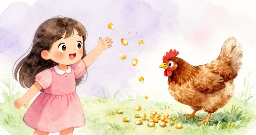 Mia不慎灑落亮玉米，旁邊棕色小雞現身啄食，畫面分割呈現驚訝與活潑互動，動態展現故事轉折。