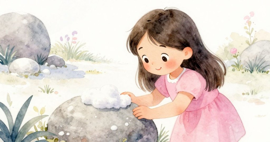 Mia仔細觀察地上圓石，上面浮現柔軟泡沫，她試圖跨過，臉上流露驚奇與小心，場景充滿期待轉折。