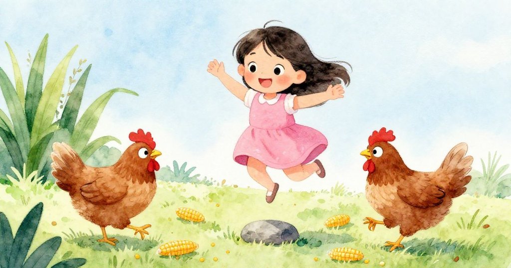 小雞迅速衝向灑落玉米，Mia動態躍起避開石塊，庭院中充滿急促與活力畫面，展現緊湊追逐情境。