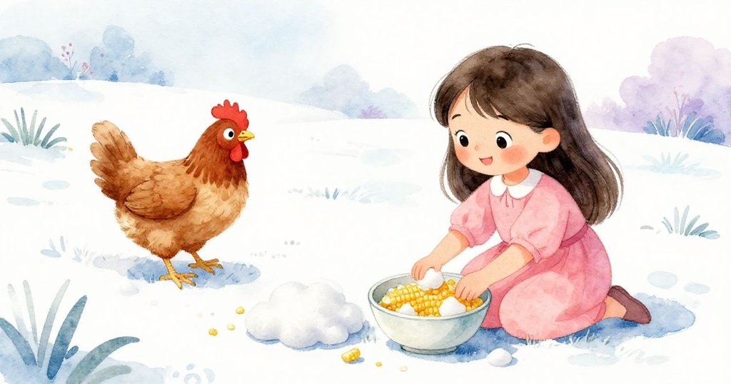 Mia快樂跳躍笑語中安置泡沫，碗中玉米重聚，小雞環繞戲耍，庭院恢復平靜和諧，結局充滿暖意。