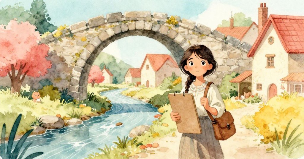 艾爾站在古老石拱橋前, 持著畫板與布袋, 村莊溪邊陽光溫暖, 神情平靜準備啟程。