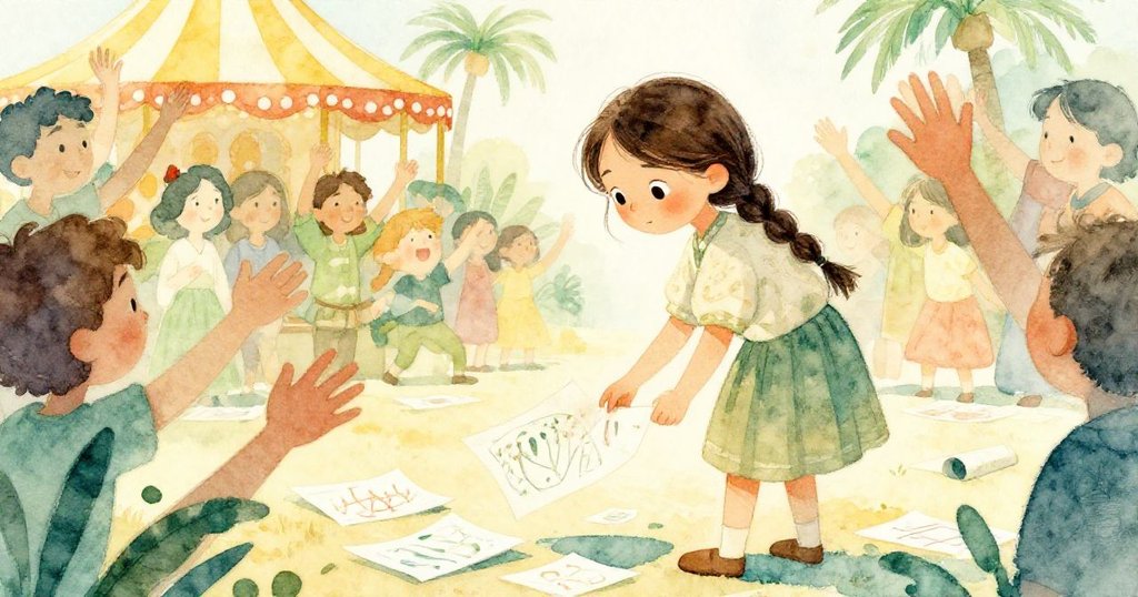 艾爾彎腰拾取散落畫紙, 背後群眾伸出援手, 熱鬧市集背景中流露出溫馨互助情感。