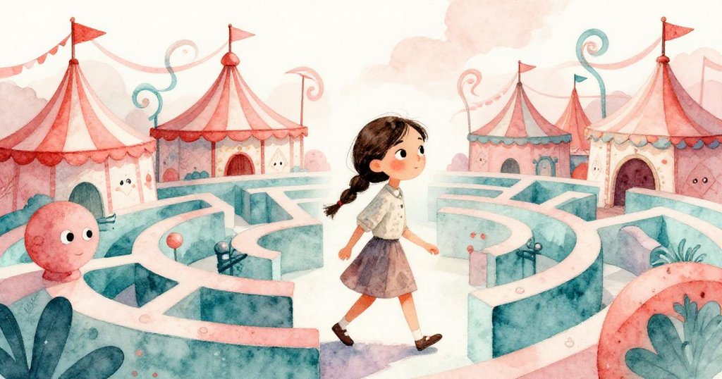 艾爾穿越扭曲帳篷與旋轉彩帶組成的奇幻市集, 幾何變幻間展現夢幻般抽象氛圍, 動作中帶著好奇。