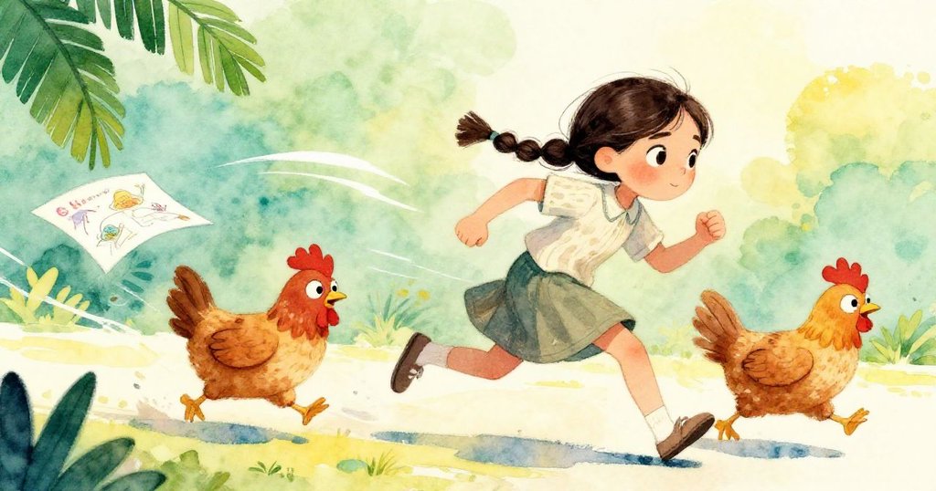 艾爾急速奔跑追趕飄散畫紙, 調皮斑點雞領先掠過, 運動中展現急切活力與追逐情景。