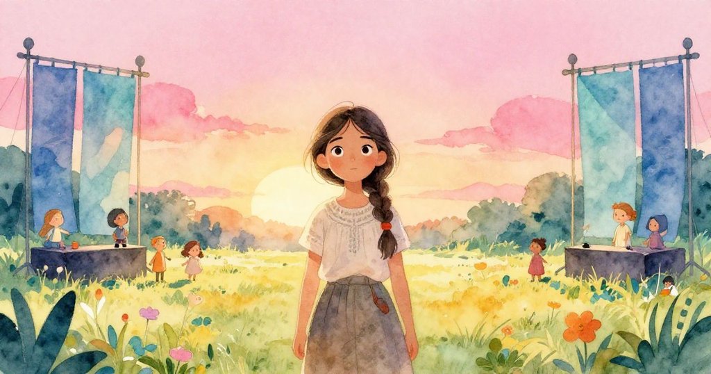 艾爾自信站在空曠草地舞台旁, 靠近藍色橫幅, 陽光柔和灑落, 展現經歷冒險後的平靜與成功。