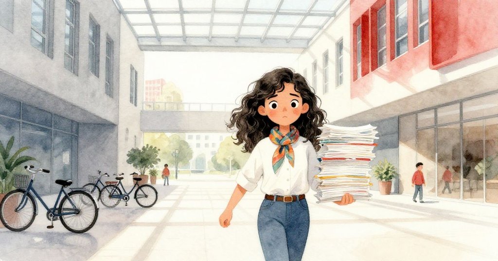 米拉帶著厚論文步入大廳,晨光透玻璃映出明亮校園與人潮,表情充滿期待與堅定。