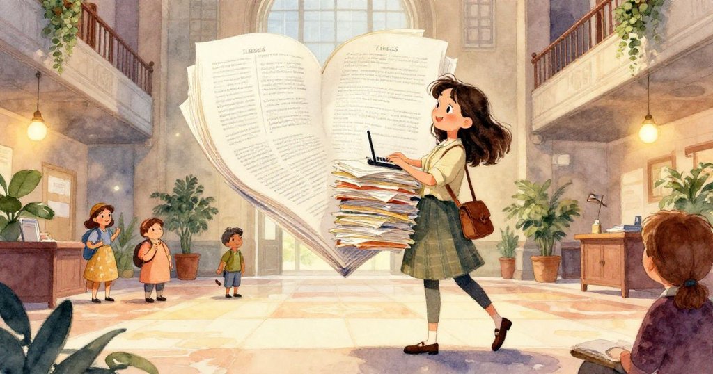 米拉急抓散落論文頁面,專注的手細緻捕捉飛舞紙張,大理石光澤映襯人潮背景。