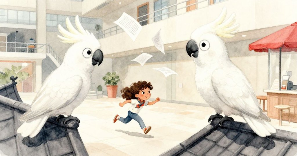 冠羽鳳頭鸚鵡站在咖啡亭頂上俯瞰米拉忙拾散落頁面,畫面充滿驚奇與動感。