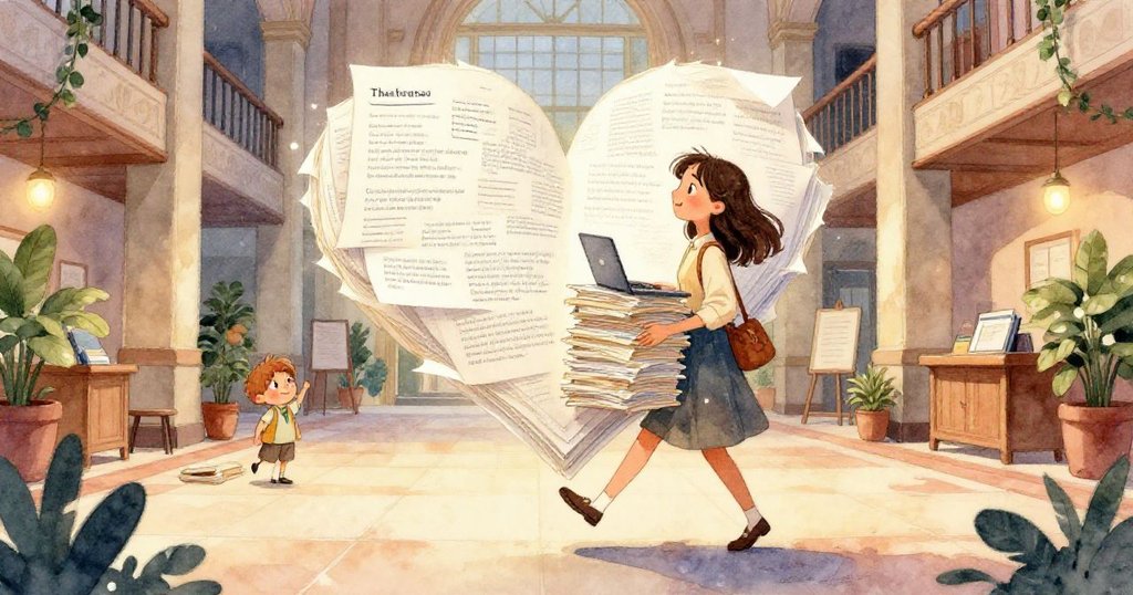 走道上木箱傾斜種子灑落,大理石與種植箱交織現代校園生活忙碌情景。