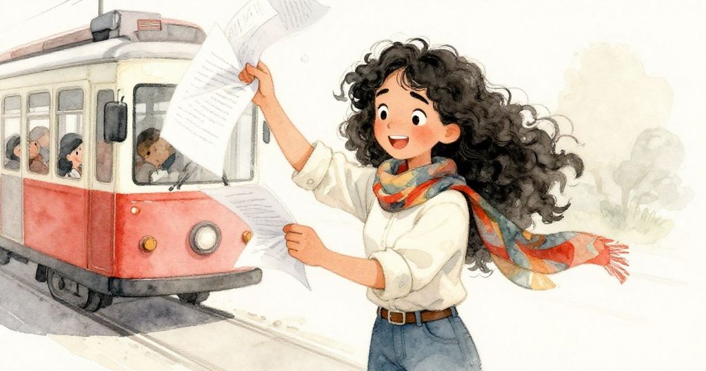 米拉在混亂中拾起最後論文頁面,迅速以圍巾固定,臉上露出鬆弛且堅定的笑容。