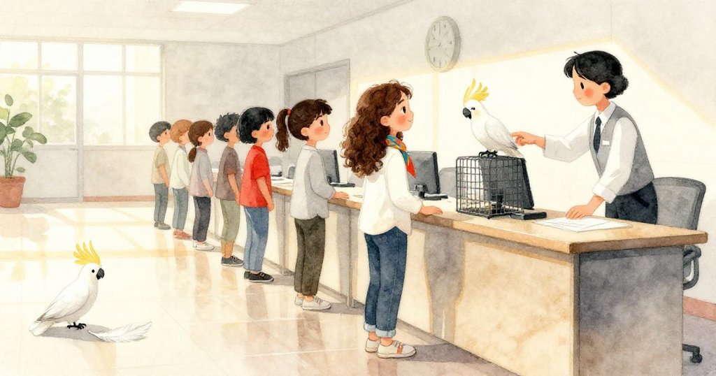 米拉在櫃台前排隊,工作人員引導鸚鵡回箱,地上兩片白羽象徵結束與新希望,光線溫暖。