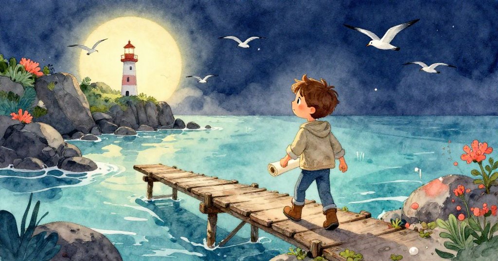 米洛跨越橋樑,手持捲起的素描本,晨光融入岩石與燈塔背景,眼神滿是期待與好奇。