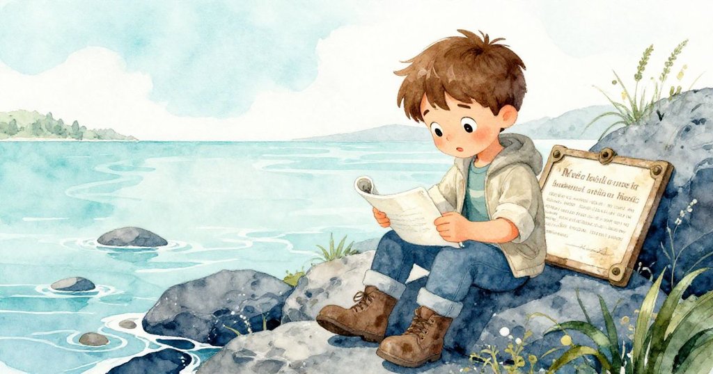 米洛坐於岩石上,小心展開素描本,背景顯示風化銘牌,他專注而充滿好奇心。