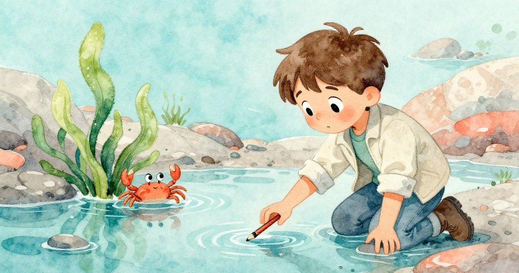 米洛蹲於水池邊,急速伸手撈起掉落的鉛筆,旁有一隻小螃蟹輕觸鉛筆,神情專注且略顯驚奇。