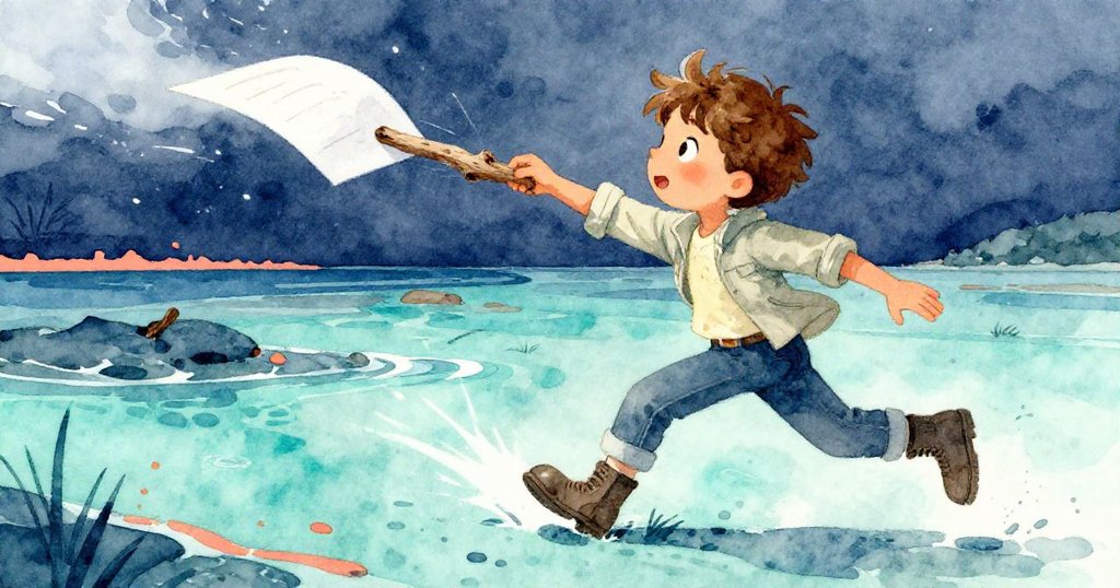 米洛急速追逐飄飛的素描紙,風勢驟起中,偶見一塊浮木將紙固定,他神情堅定且動作活躍。