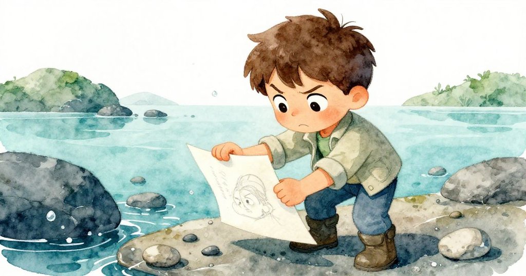 米洛神情堅定又略帶沮喪,雙手抓石固定濕滑素描紙,水珠飛濺於岩石上,展現抵抗大自然挑戰時的奮鬥。