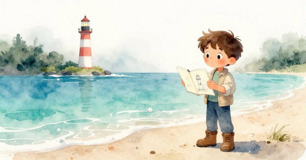 米洛滿足地欣賞完成的素描,背景中燈塔被柔和霧氣映出淡光,海浪輕拂沙岸,整體氛圍寧靜舒心。