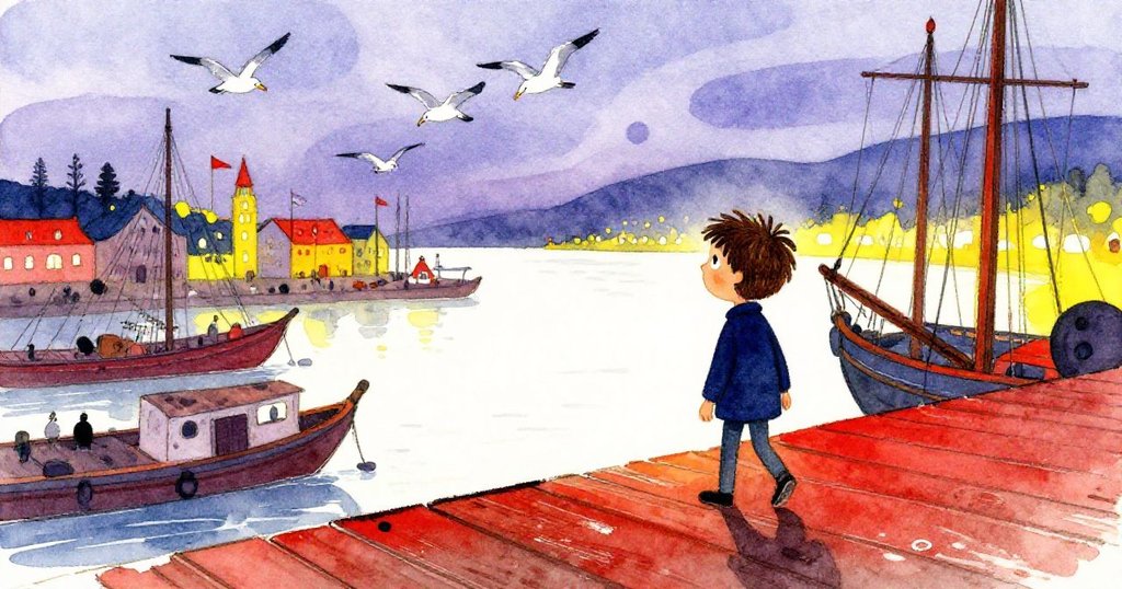 Felix踏入港口區，黃昏天空呈紫色漸變，海鷗盤旋，遠處燈光與船隻交織出冒險與神秘的氛圍。