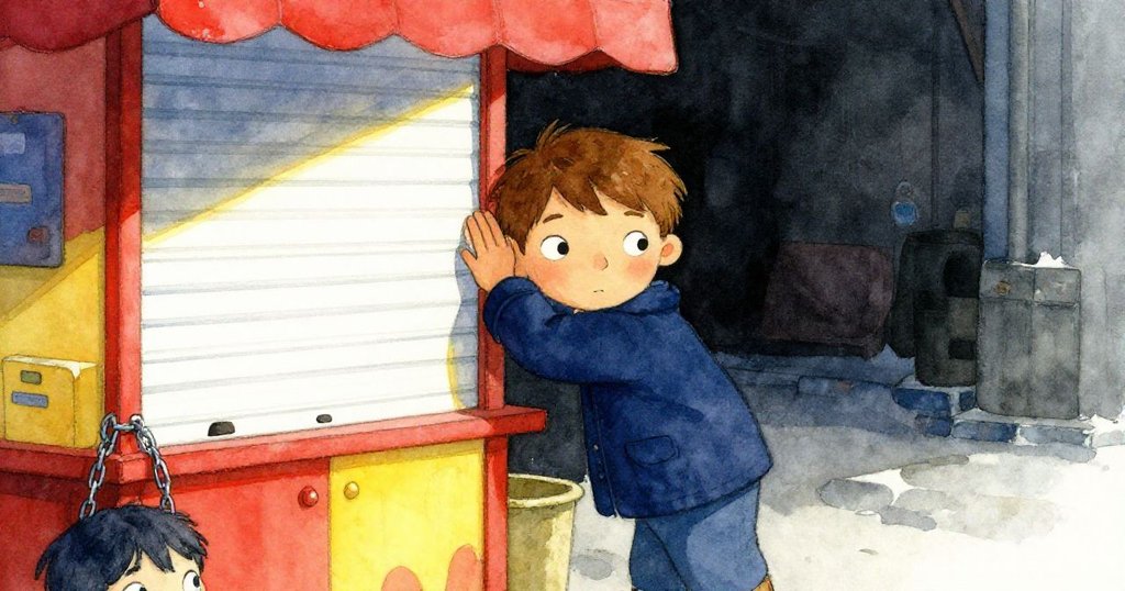 Felix靠近緊閉的市場攤位，按著木板傾聽內部微響，展現出專注與些許疑惑的神情。