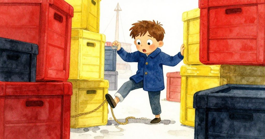 Felix靈活穿越堆疊貨箱，被繩索絆住腳踝，表情既驚訝又緊張，呈現港口隱秘角落的冒險情景。