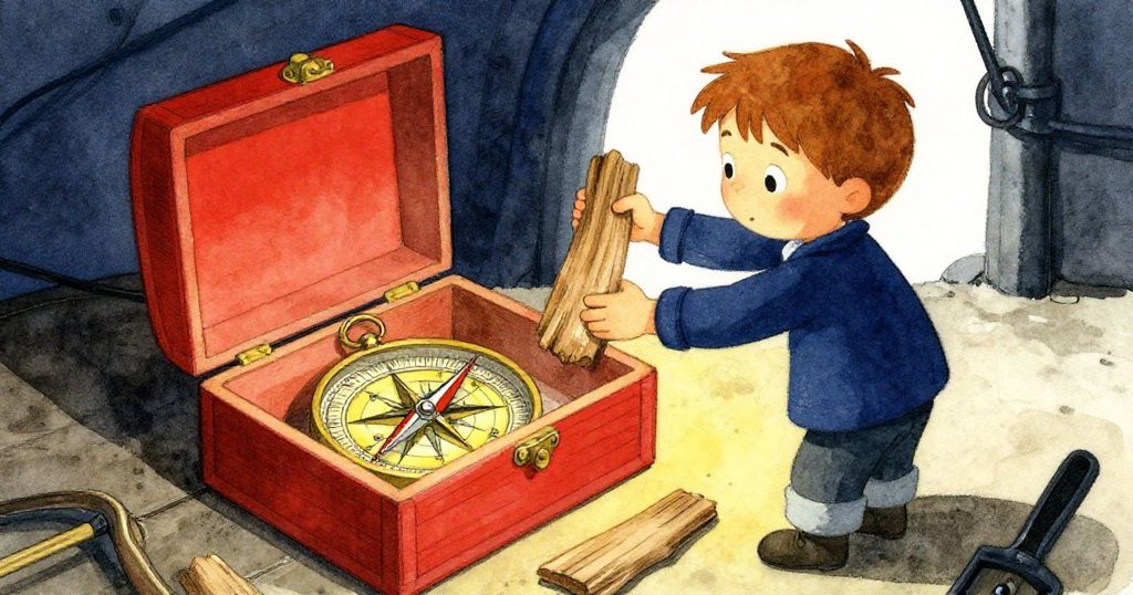 Felix用漂流木撬起鬆動木板，發現包裹寶箱的秘密空間，臉上流露出驚奇與探索的光芒。