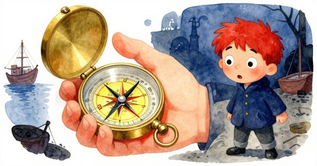 Felix專注握住神秘指南針，針尖狂轉後定住，他的眼神由驚訝變得堅定，展現預感未知的冒險感。