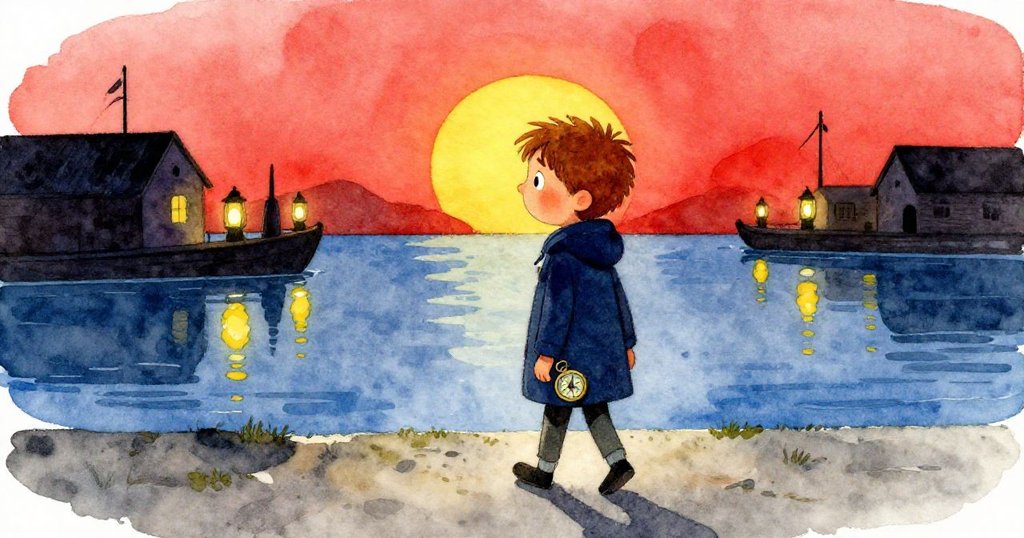 Felix將神秘指南針藏入外套，背對燈光與潮水映出的港口，帶著冒險後的堅定與溫暖微笑離開。