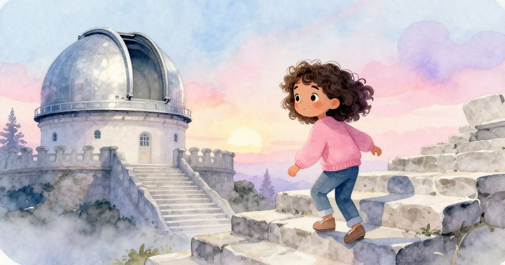 米拉穿著柔粉毛衣攀登古舊石階，夕陽餘暉映照山坡與銀色圓頂，神情堅定充滿期待。