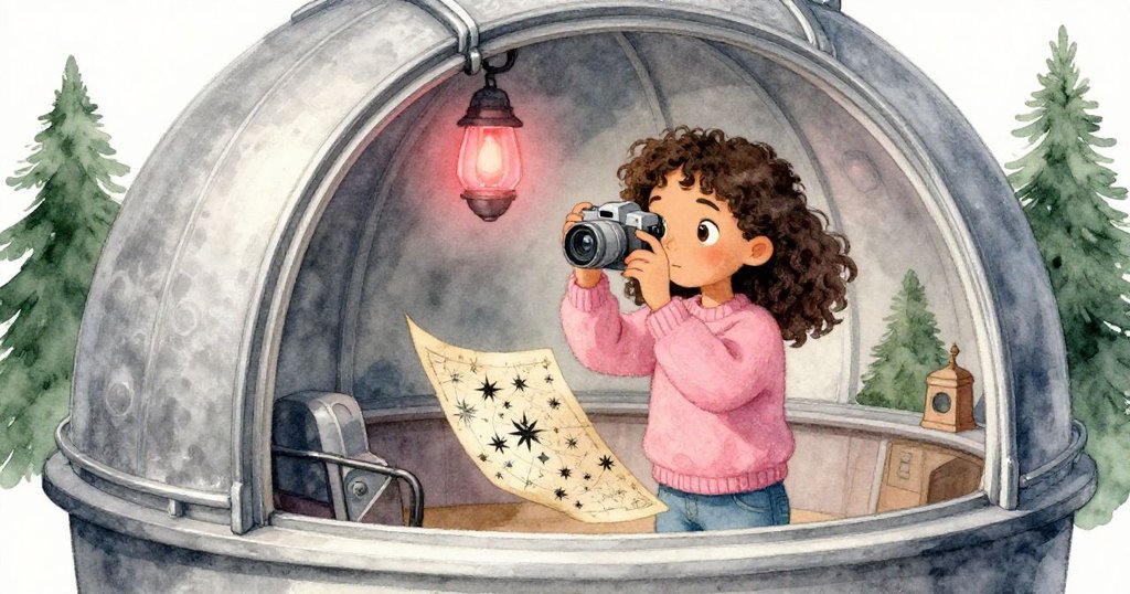 米拉在圓頂內仔細檢查相機與古舊星圖，紅燈映照下專注尋找星辰奧秘，情緒充滿好奇。