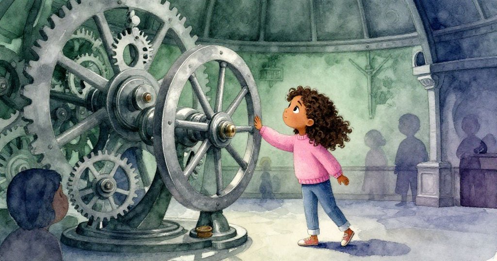 黑暗突襲圓頂內，米拉迅速伸手抓住手輪，眾人低語觀望，微光透出神秘機械氛圍。