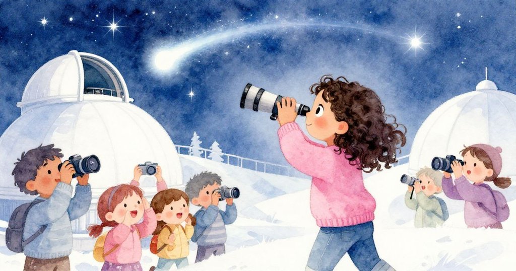 米拉帶領眾人共同調整望遠鏡與相機捕捉彗星，星光映照下大家臉上充滿驚喜與熱情。