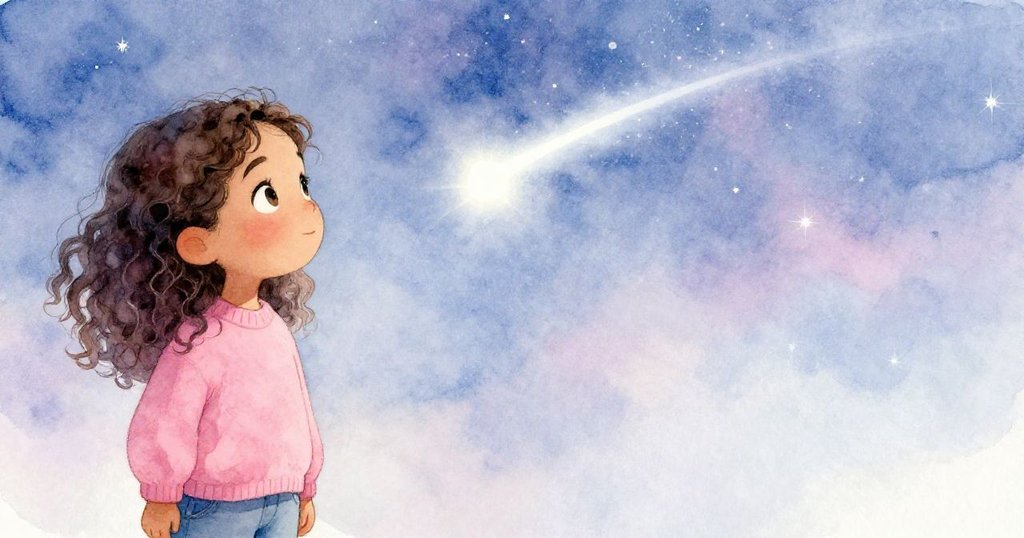 米拉靜臥於星空下，凝視高懸彗星，臉上綻放寧靜微笑，心靈獲得溫柔慰藉與啟發。