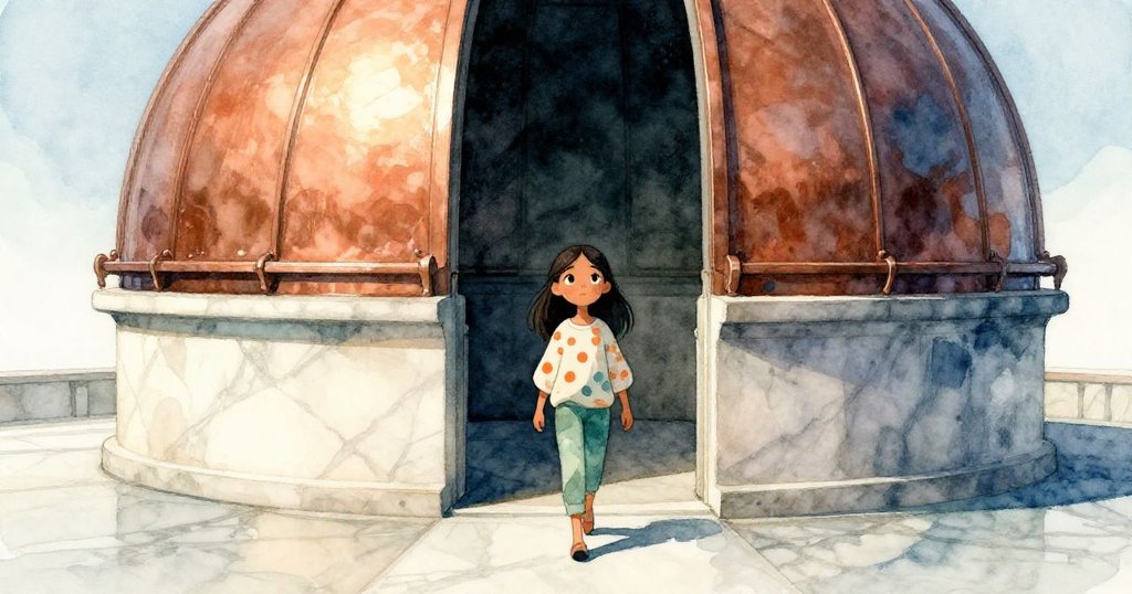 米拉踏入古老天文台，明亮陽光下銅色圓頂和大理石地面交織出神秘氛圍，她步伐堅定揮灑自信。