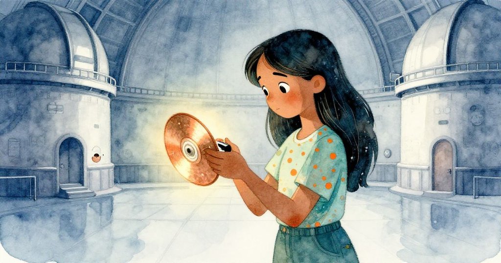 米拉站在天文台中心閃亮青銅盤旁，調整錄音機，專注神情映襯廣闊空白背景，營造靜謐氛圍。