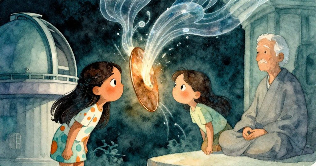 米拉於青銅盤前低語，聲波化作水般流動與旁邊冥想者深沉嗚音相融，場景夢幻而充滿詩意。