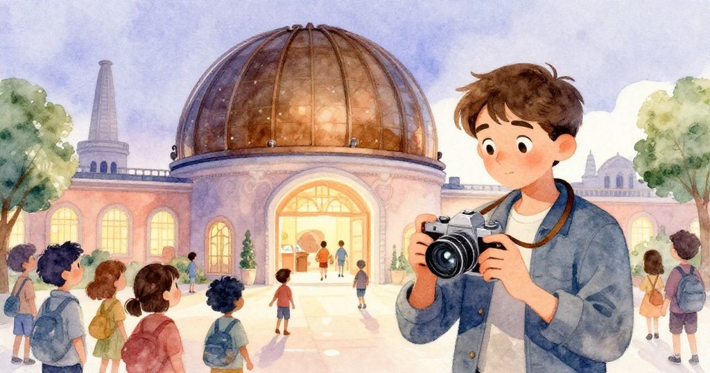 Leo 與其他觀眾在銅色圓頂天文館內排隊，充滿期待與興奮，背景展現現代城市風格和柔和光影。