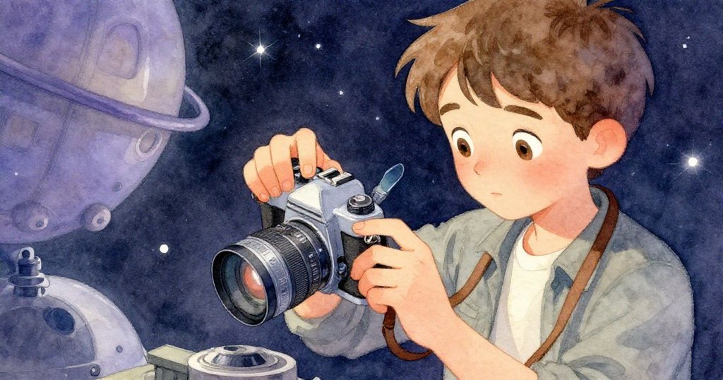 Leo 專注調整破舊相機與鏡頭蓋，手部細節清晰，臉上滿懷期待，室內燈光柔和。