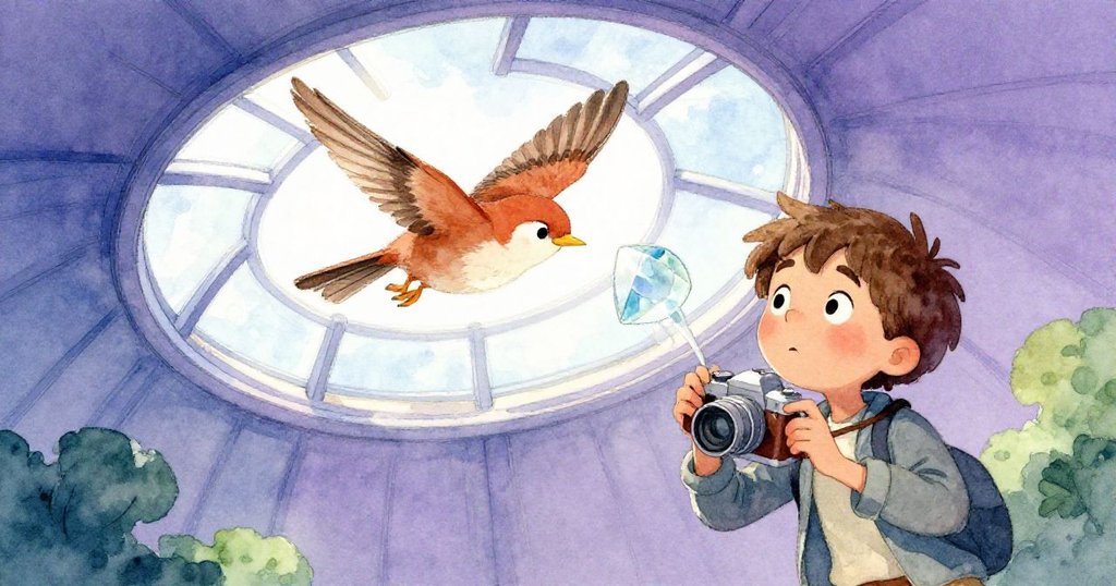 Leo 的相機蓋掉落，引來眾人注意，窗框外一隻小鳥驚飛，景象充滿驚喜與流動感。