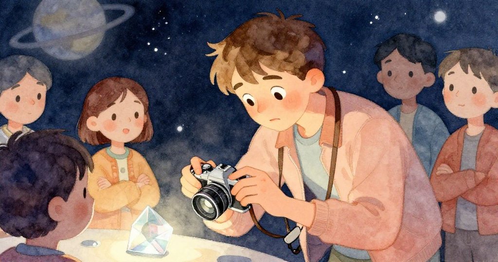 Leo 在暗室中彎腰撿起散落的相機蓋，臉上透露一絲尷尬與努力，觀眾靜默觀望。