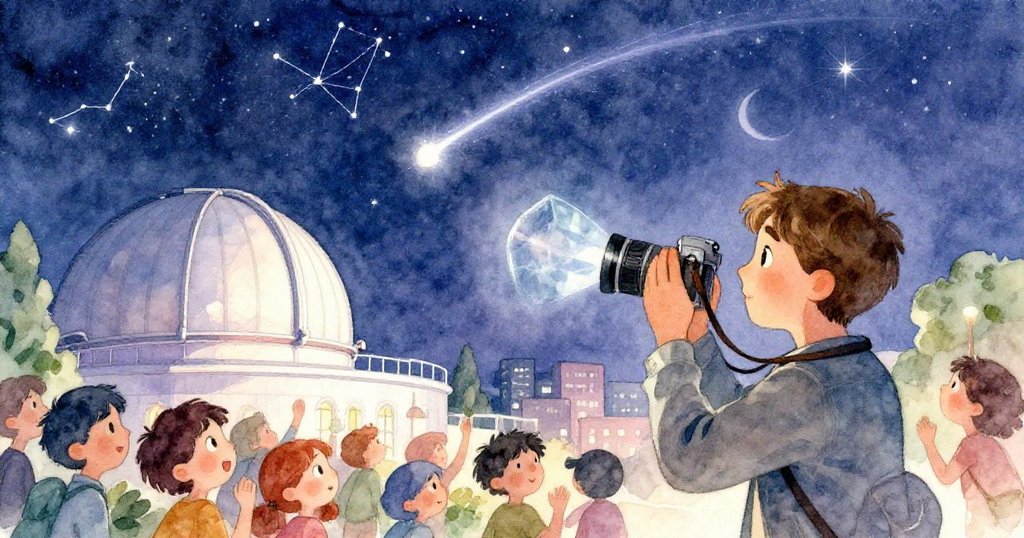 Leo 在敞開的圓頂下驚喜拍下劃過夜空的流星，眾人舉手持機記錄奇景，展現人造與自然交融的奇幻一刻。