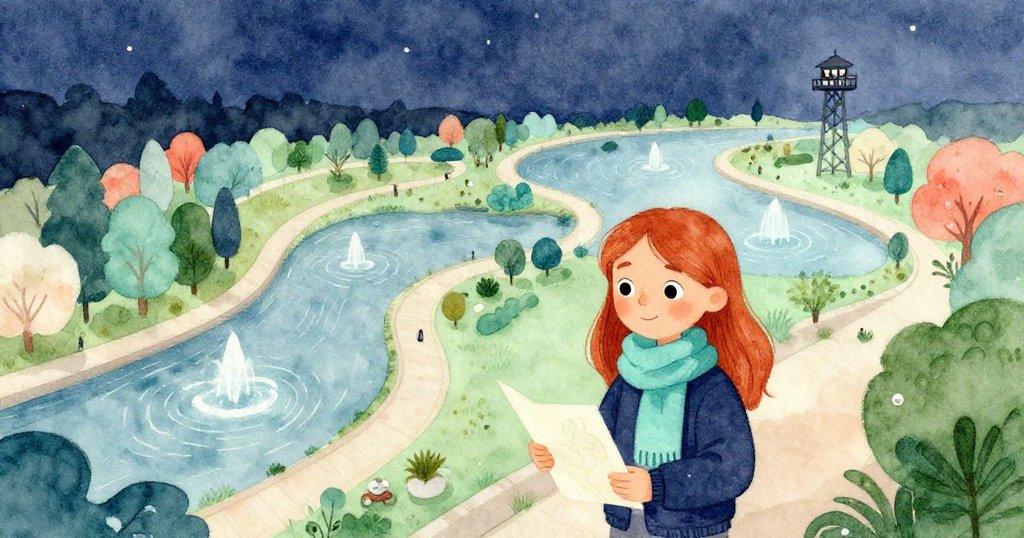 克拉拉在黃昏河邊公園中奔走，背景有古老觀測塔與噴泉，天空柔和光芒映照，表情堅定充滿期待。