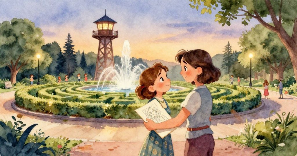 克拉拉沿著碎石小徑前行，每一步踩動乾燥花瓣散落，環境散發暖光，生動展現她的決心與快樂心情。