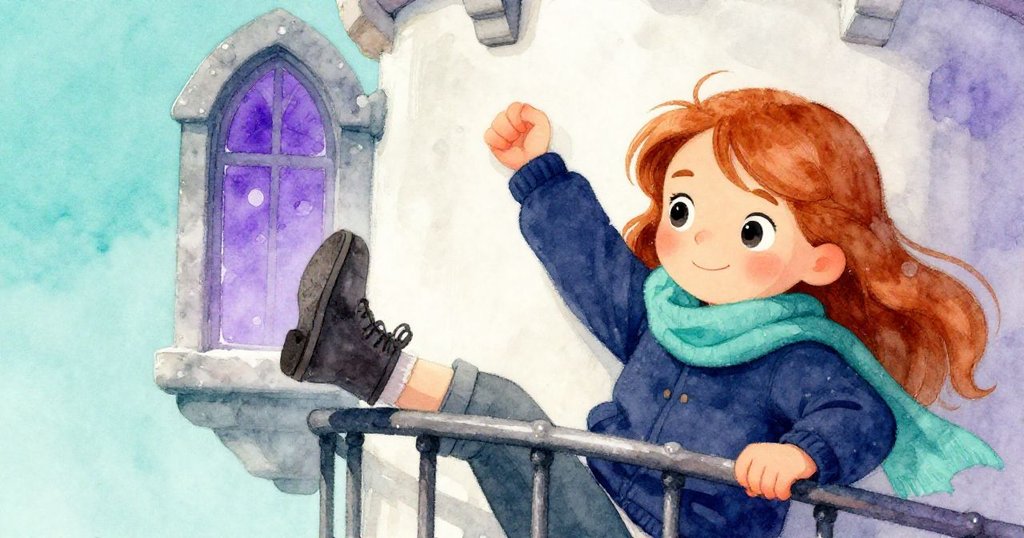 克拉拉在舊塔內鐵階上攀爬，因滑倒急握鐵欄杆，透過狹窄窗戶映現紫光，臉上既驚慌又堅定。