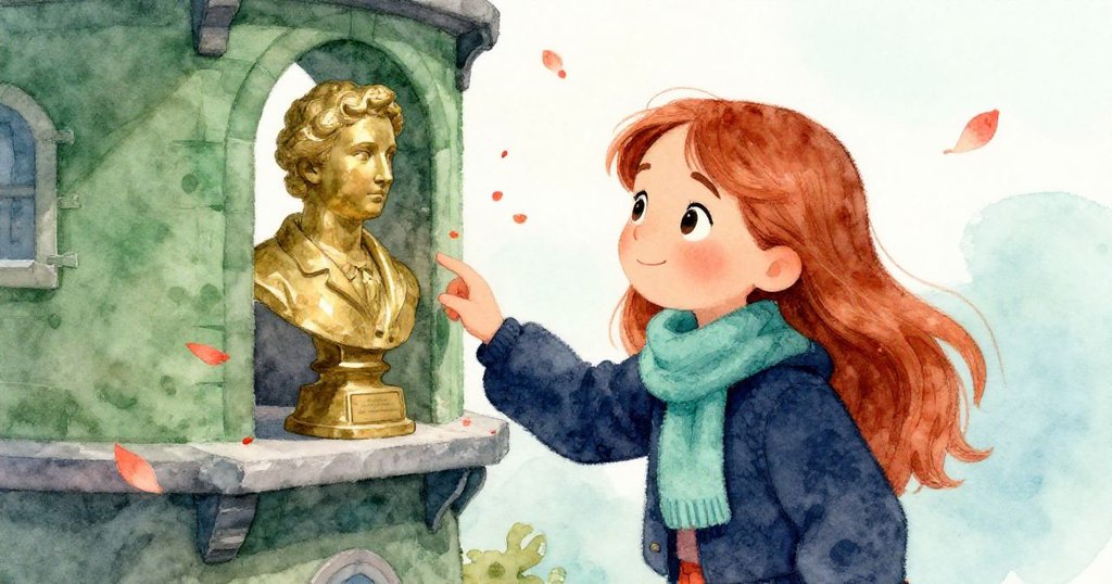 克拉拉在第七層平台上輕觸黃銅胸像及銘牌，隨著秋風吹動花瓣，露出好奇與溫暖的微笑。