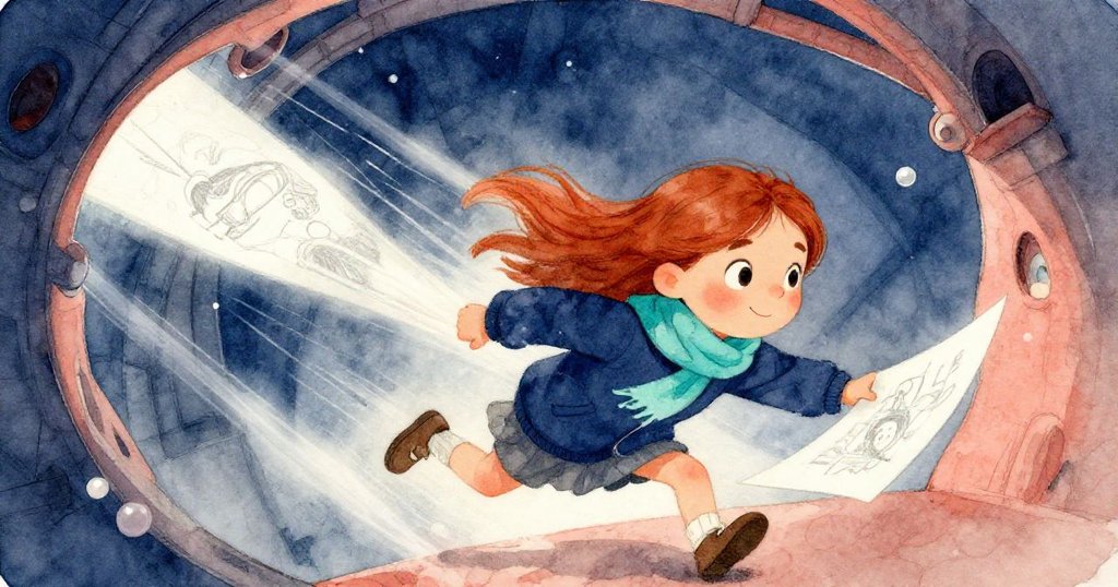 克拉拉急速追趕飛舞的寫生本紙頁，內部塔樓光線交錯，雙腳快速踏地，臉上洋溢著緊張與不捨的神情。