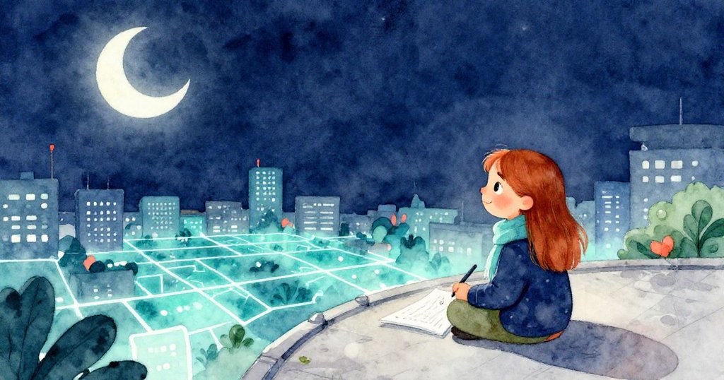 克拉拉坐在塔頂露台上，堅定夾住飛回的紙頁，用鉛筆勾勒城市燈火，月光灑落，展現成就與靜謐美好結局。